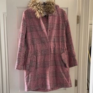 BB Dakota Pink Plaid Women's Coat with Faux Fur Collar